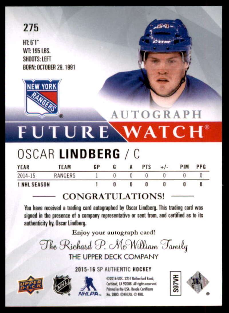 Oscar Lindberg AU RC Rookie Card 2015-16 SP Authentic #275  Image 2