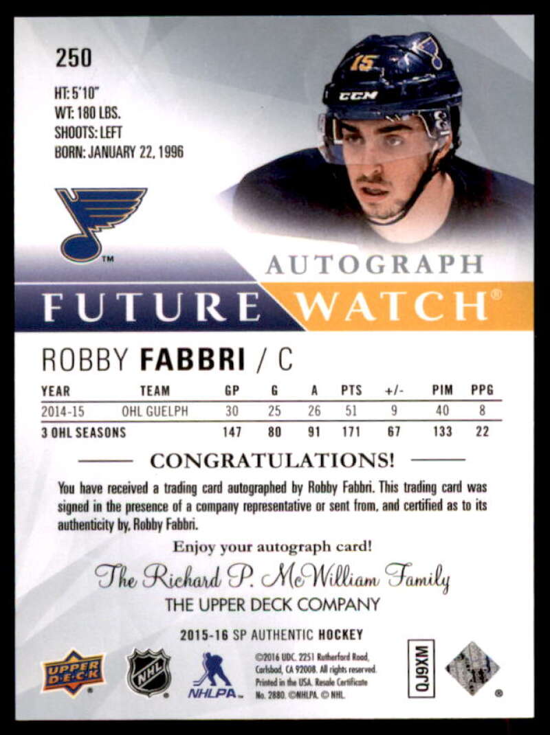 Robby Fabbri AU RC Rookie Card 2015-16 SP Authentic #250  Image 2