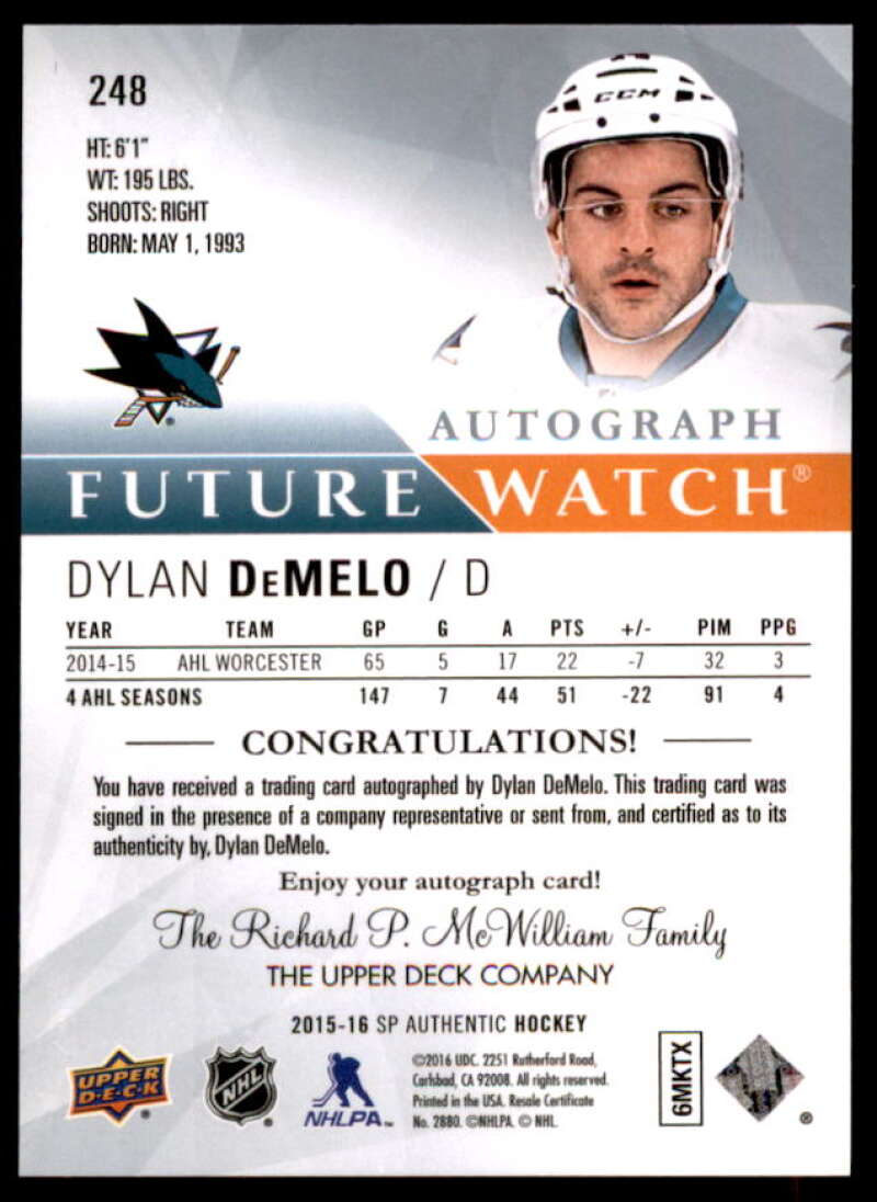 Dylan DeMelo AU RC Rookie Card 2015-16 SP Authentic #248  Image 2