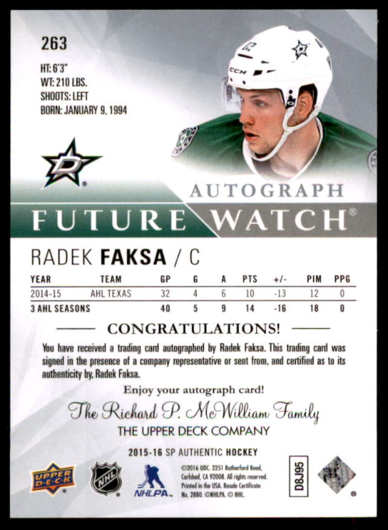 Radek Faksa AU RC Rookie Card 2015-16 SP Authentic #263  Image 2