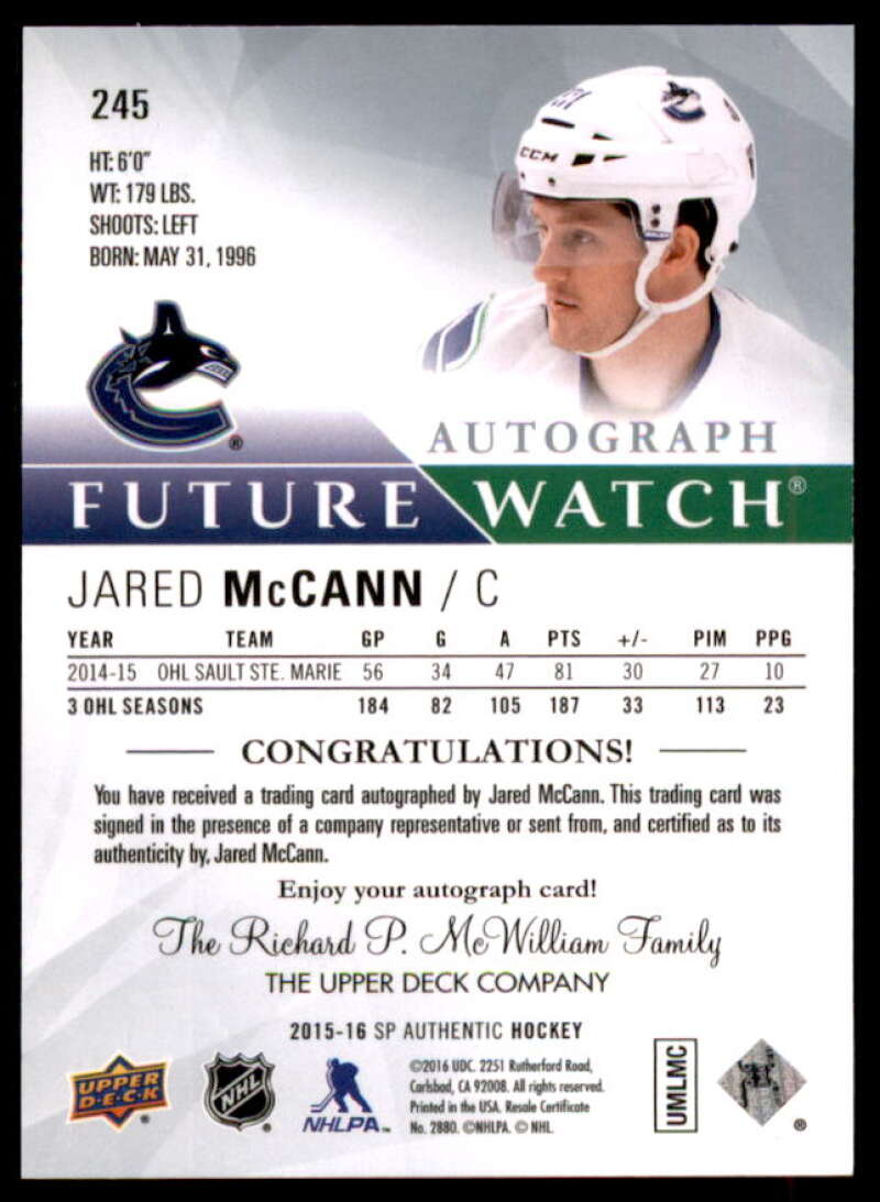 Jared McCann AU RC Rookie Card 2015-16 SP Authentic #245  Image 2