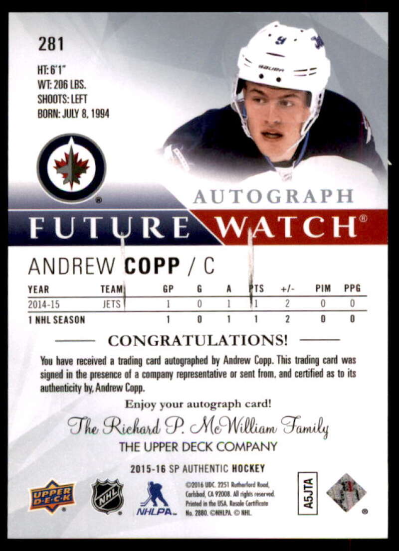 Andrew Copp AU RC Rookie Card 2015-16 SP Authentic #281  Image 2