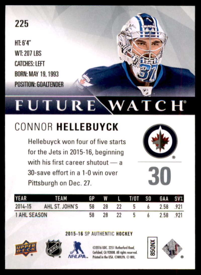 Connor Hellebuyck RC Rookie Card 2015-16 SP Authentic #225  Image 2