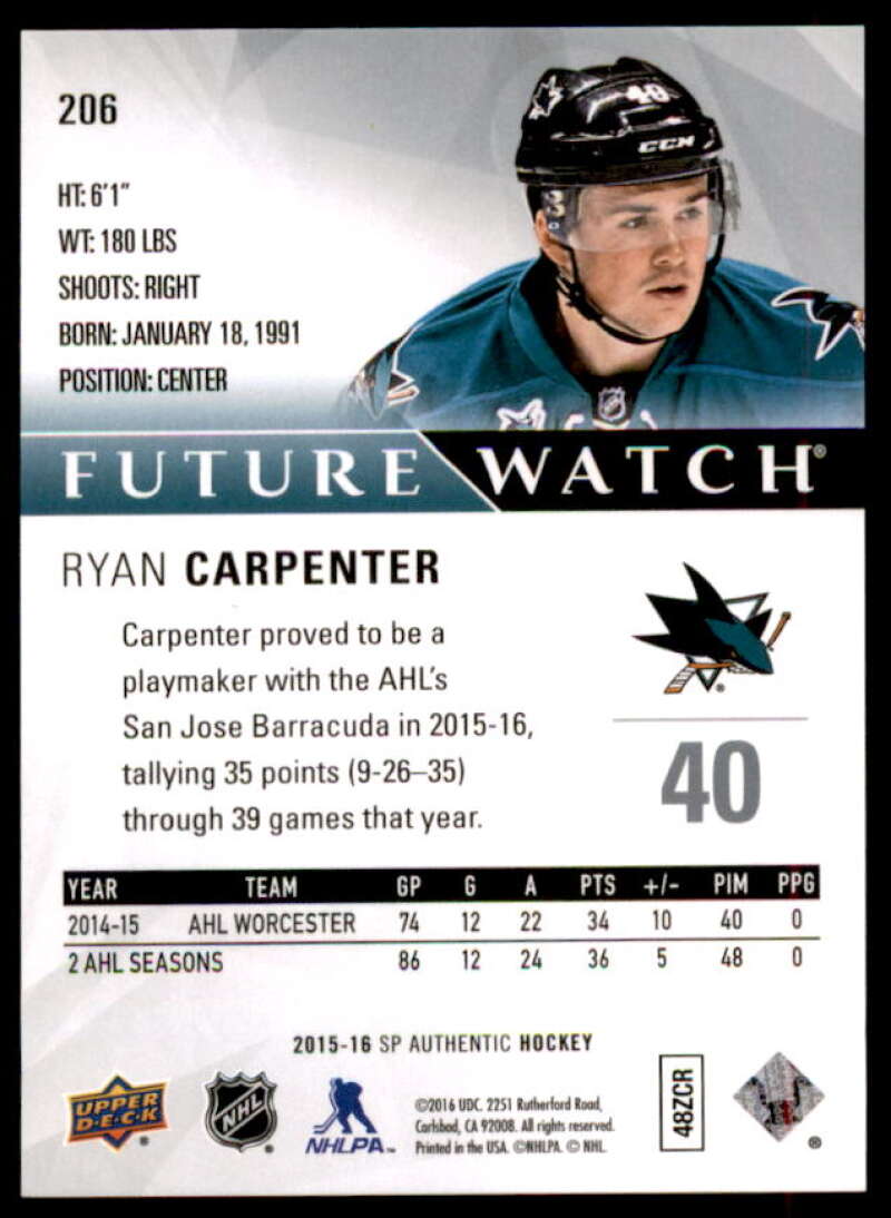 Ryan Carpenter RC Rookie Card 2015-16 SP Authentic #206  Image 2