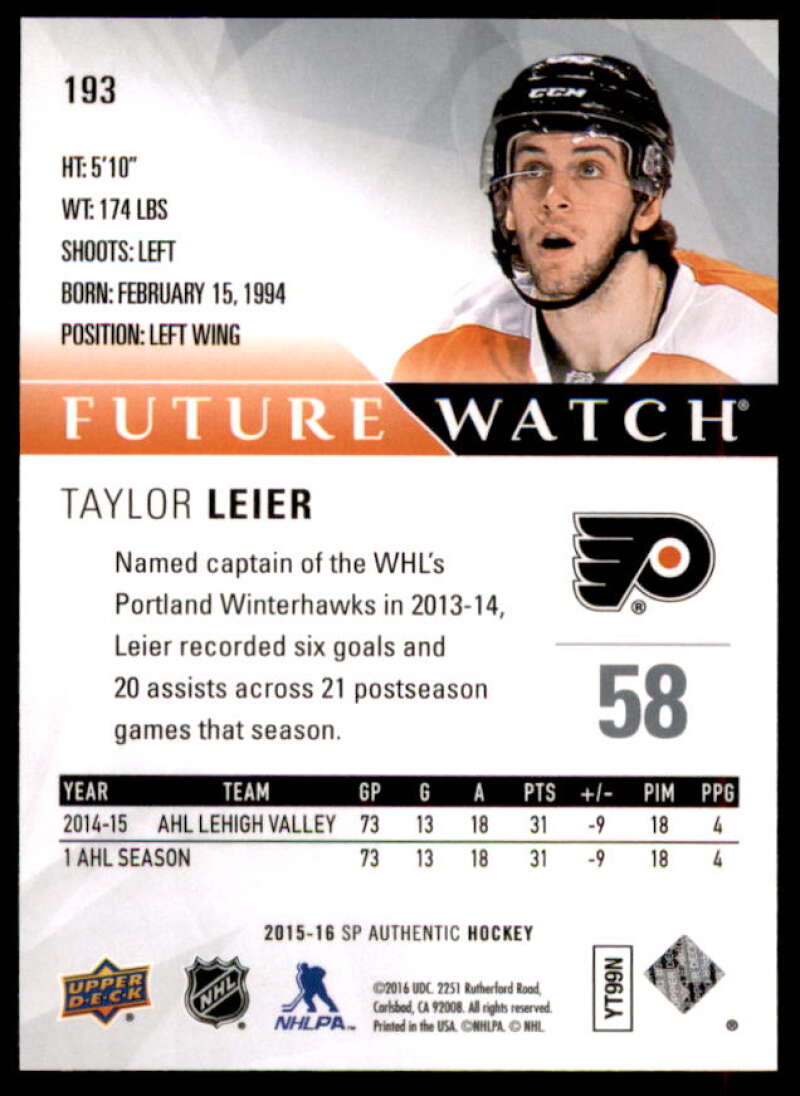 Taylor Leier RC Rookie Card 2015-16 SP Authentic #193  Image 2