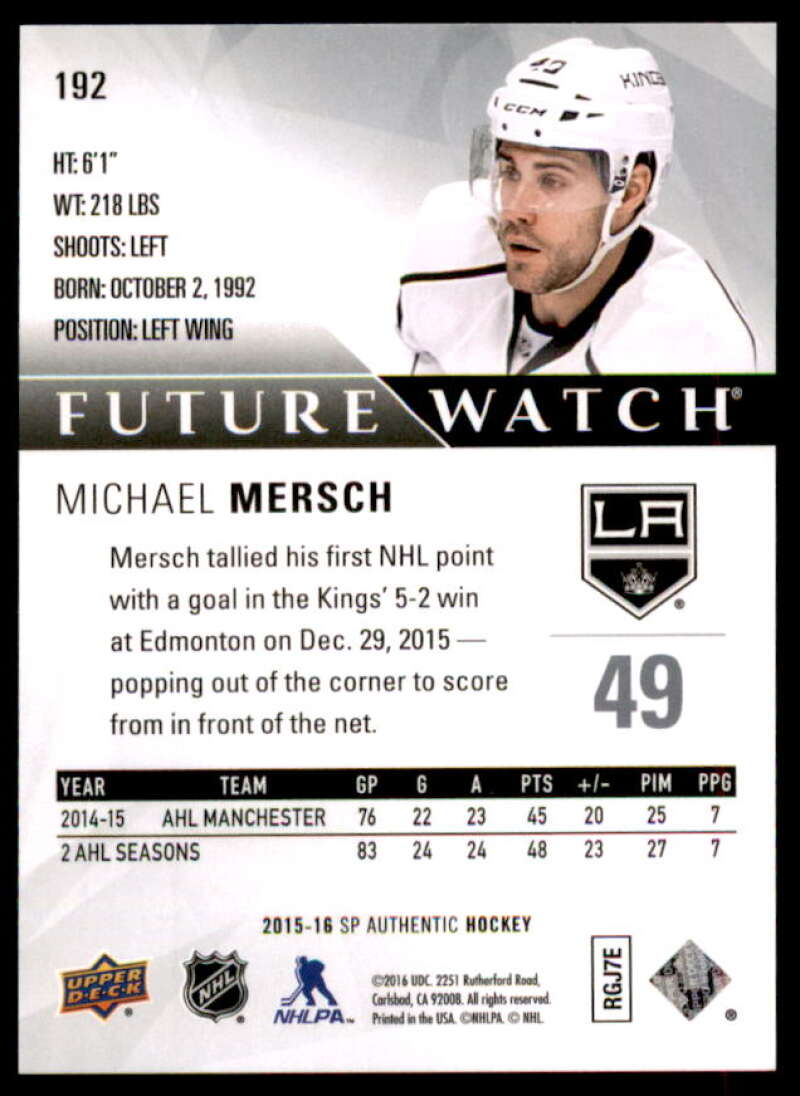 Michael Mersch RC Rookie Card 2015-16 SP Authentic #192  Image 2