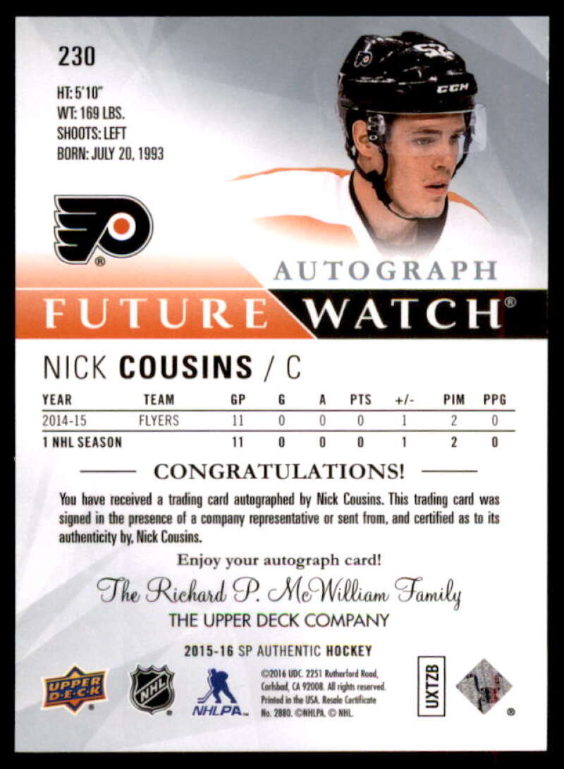 Nick Cousins AU RC Rookie Card 2015-16 SP Authentic #230  Image 2