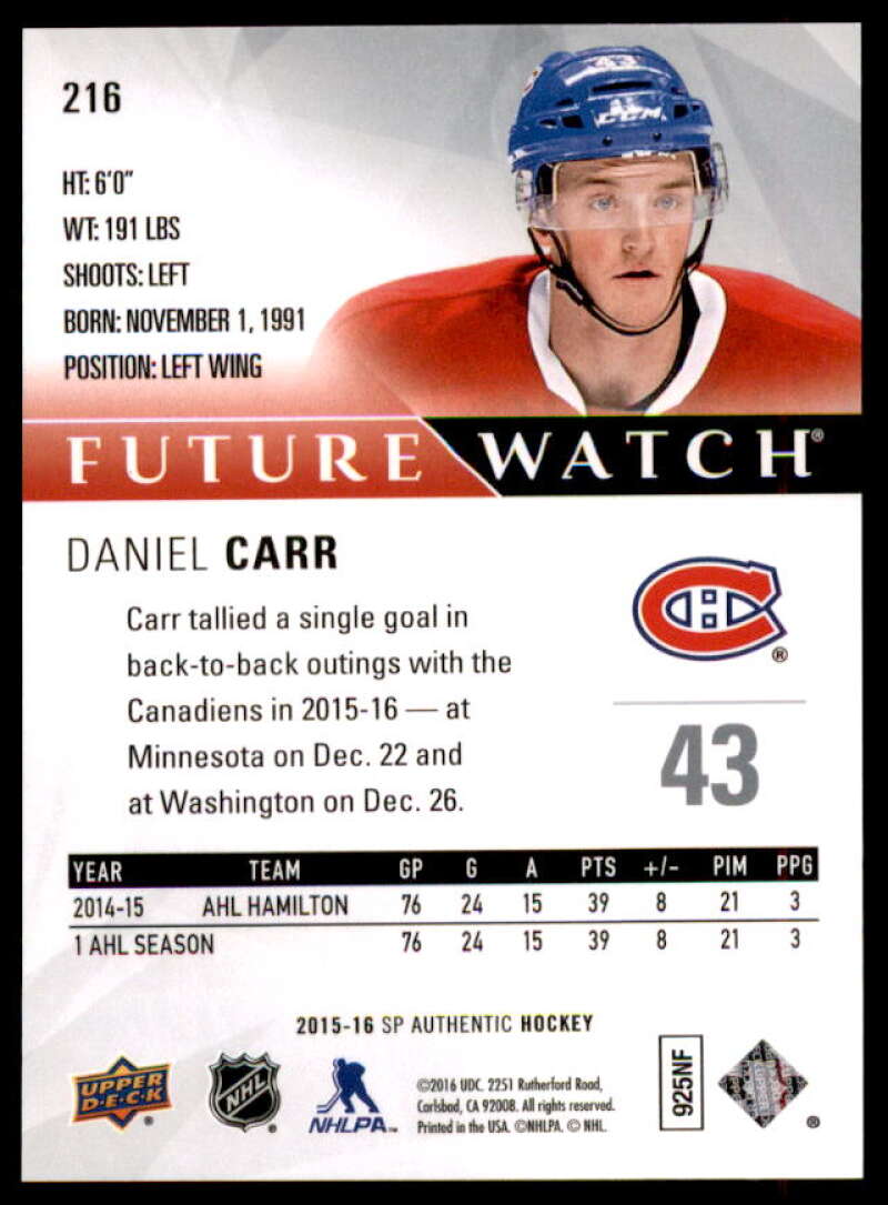 Daniel Carr RC Rookie Card 2015-16 SP Authentic #216  Image 2