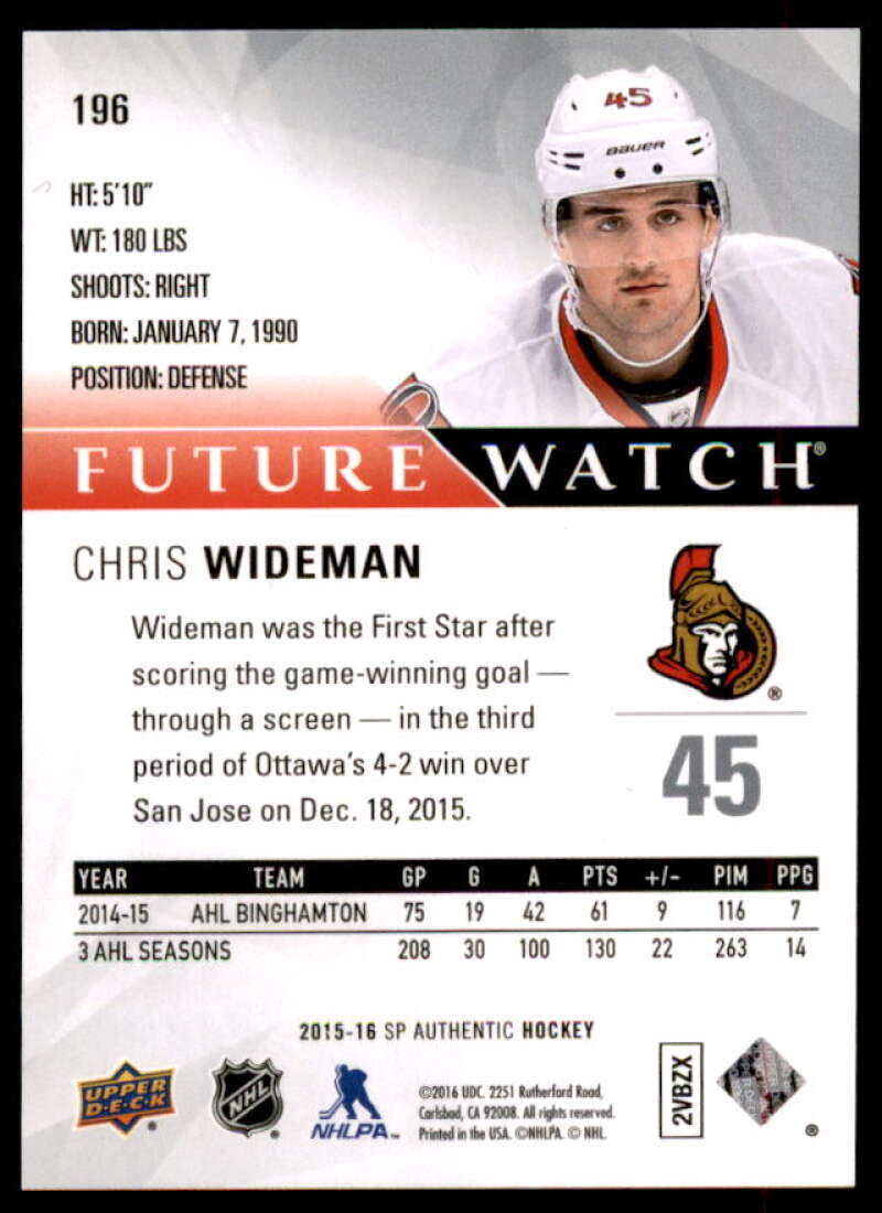 Chris Wideman RC Card 2015-16 SP Authentic #196  Image 2