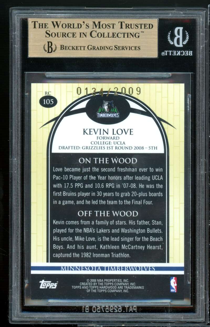 Kevin Love Rookie Card 2008-09 Topps Hardwood #105b BGS 9.5 (10 9.5 9 9.5) Image 2