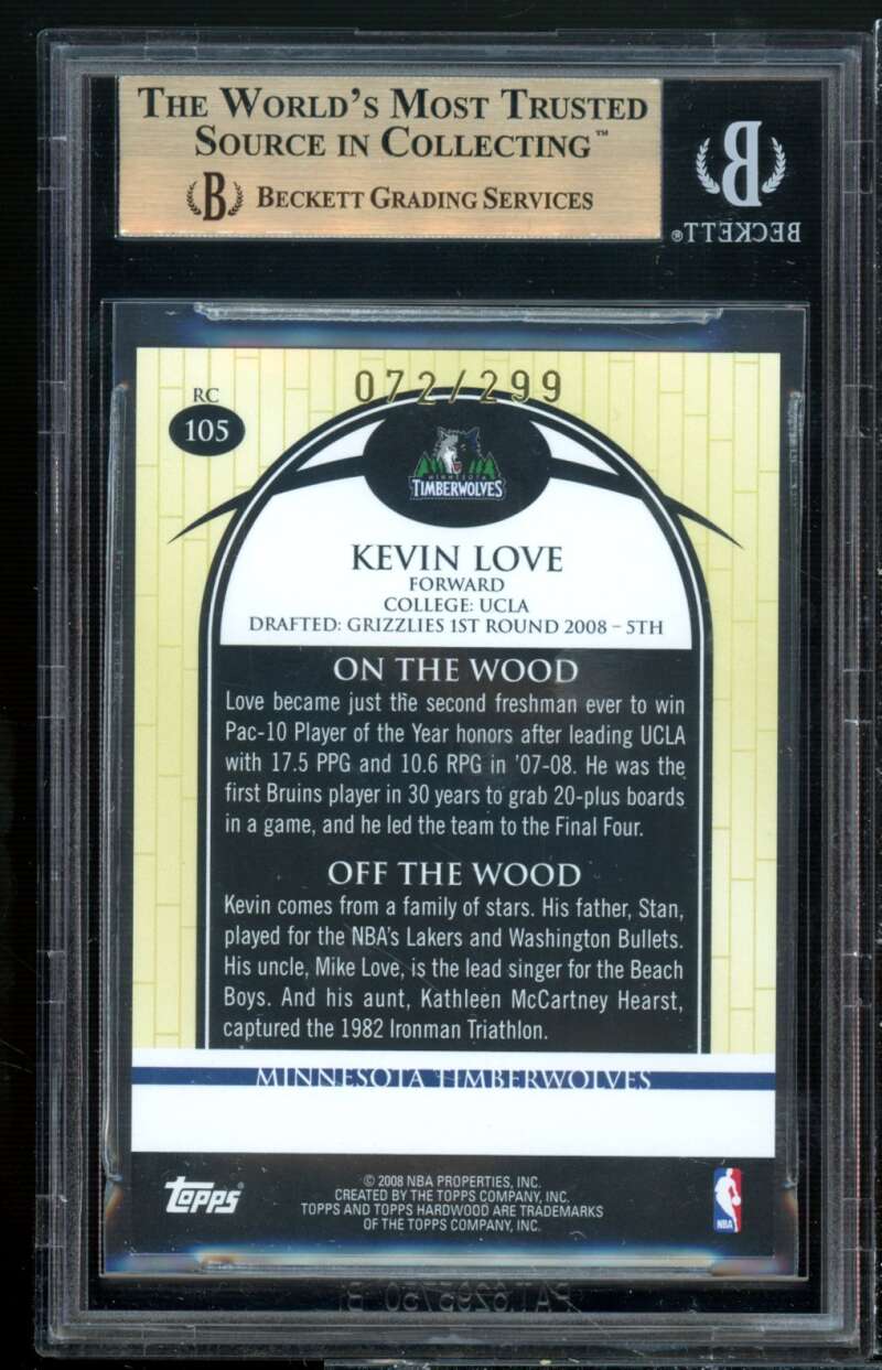 Kevin Love Rookie 2008-09 Topps Hardwood Hardwood #105 (pop 1) (PRISTINE) BGS 10 Image 2