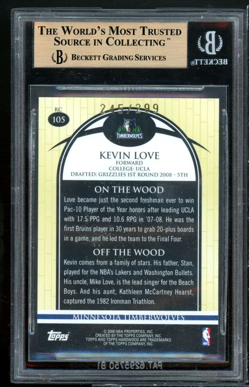 Kevin Love Rookie 2008-09 Topps Hardwood Hardwood #105b (pop 2) BGS 9.5 Image 2