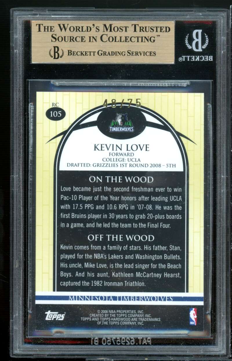 Kevin Love Rookie 2008-09 Topps Hardwood Mahogany #105b (pop 2) BGS 9.5 Image 2