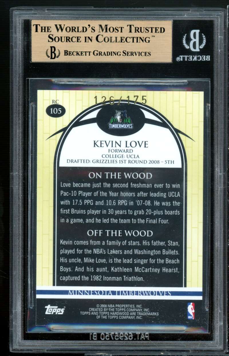 Kevin Love Rookie Card 2008-09 Topps Hardwood Maple #105b (pop 2) BGS 9.5 Image 2