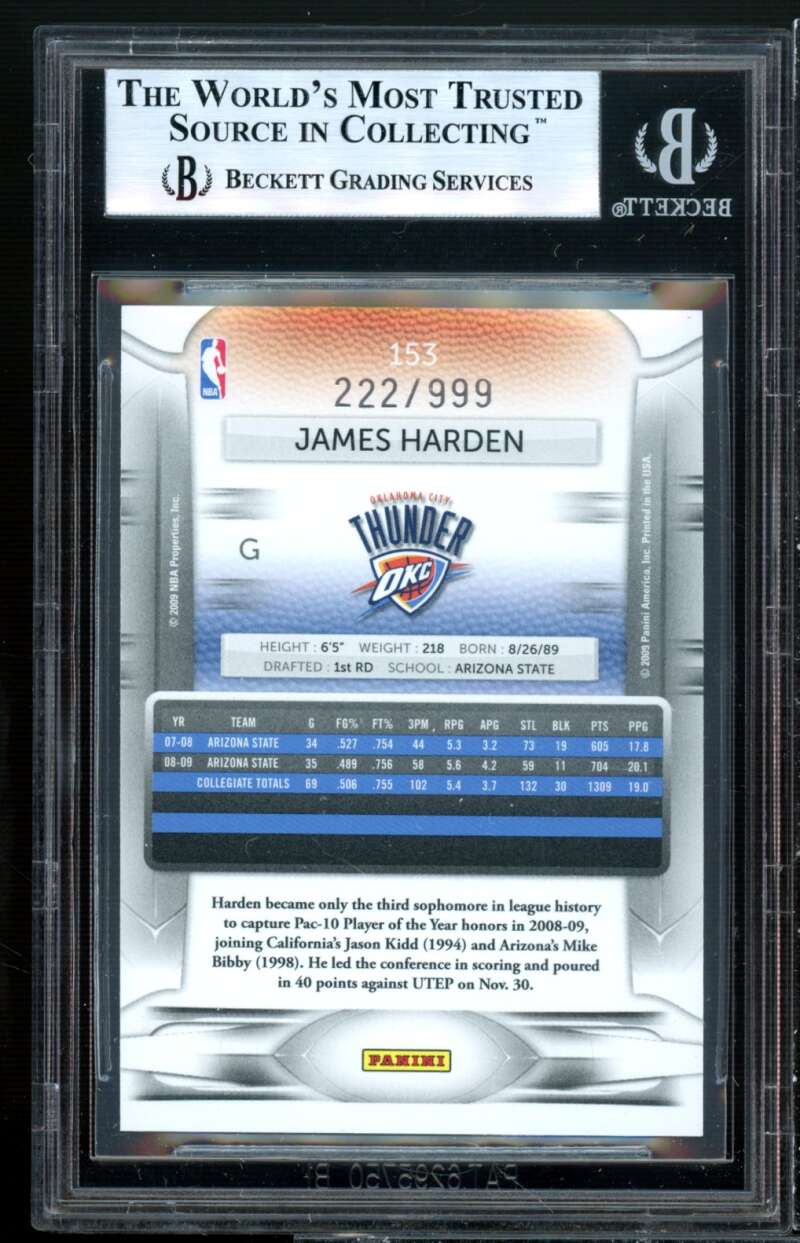 James Harden Rookie 2009-10 Panini Prestige Draft Picks Light Blue #153 BGS 9 Image 2