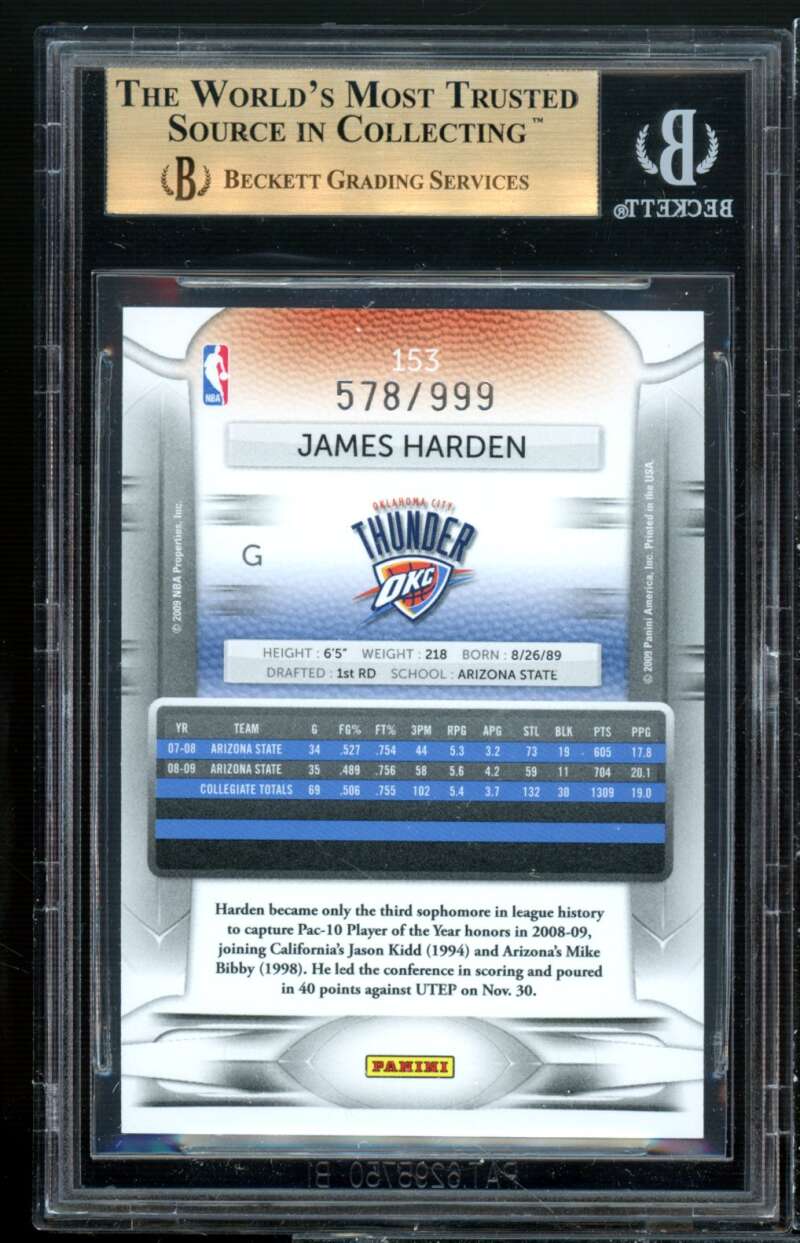 James Harden Rookie 2009-10 Panini Prestige Draft Picks Light Blue #153 BGS 9.5 Image 2