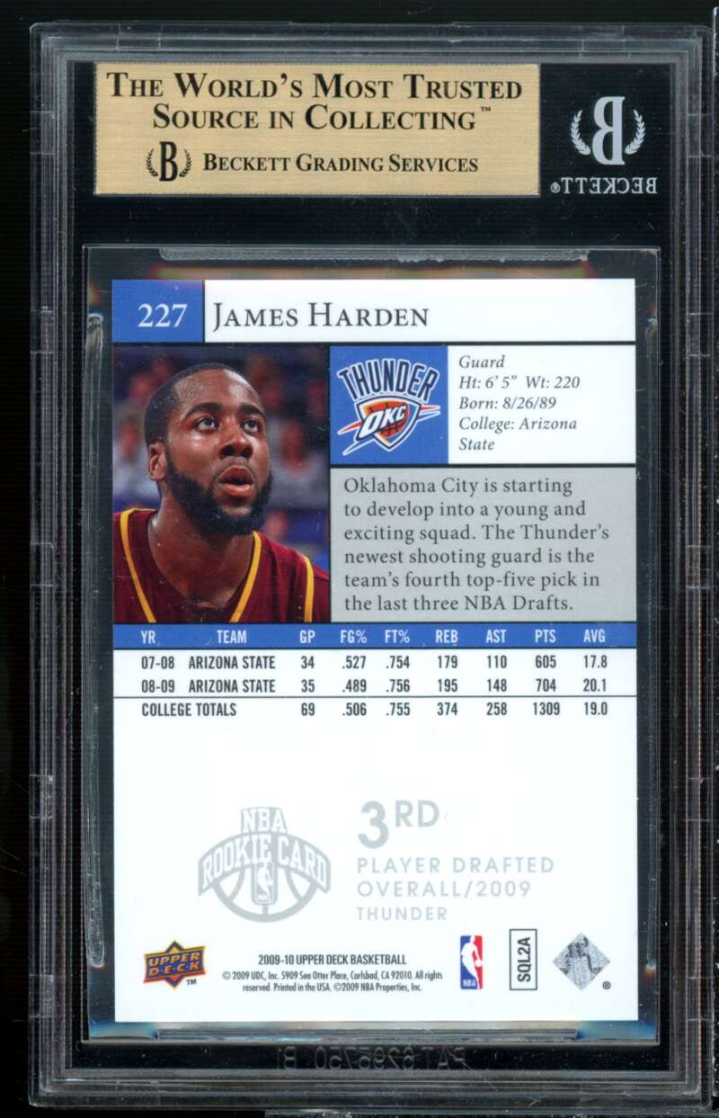 James Harden Rookie Card 2009-10 Upper Deck #227 BGS 9.5 (10 9 9.5 9.5) Image 2