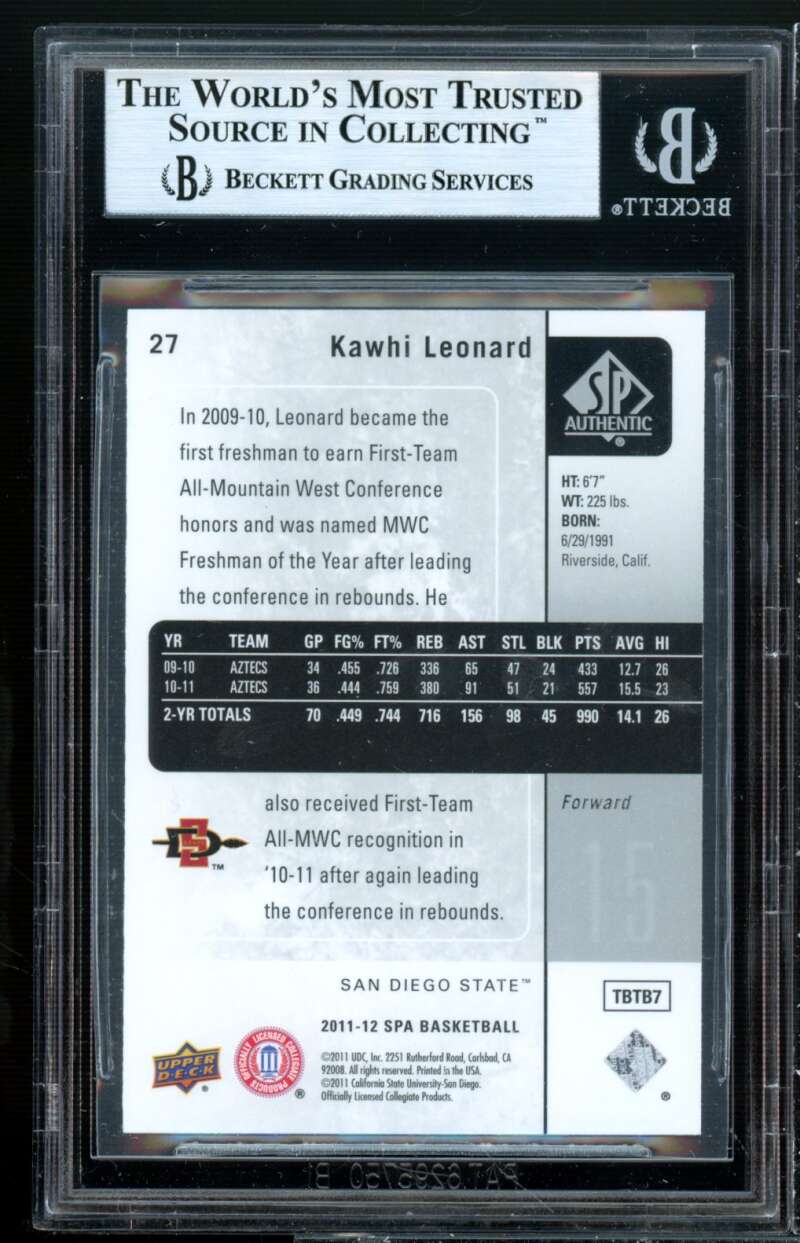 Kawhi Leonard Rookie Card 2011-12 SP Authentic #27 BGS 9 Image 2