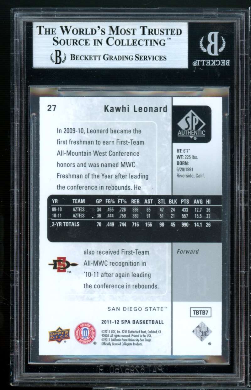 Kawhi Leonard Rookie Card 2011-12 SP Authentic #27 BGS 9 (9 9.5 9.5 9) Image 2