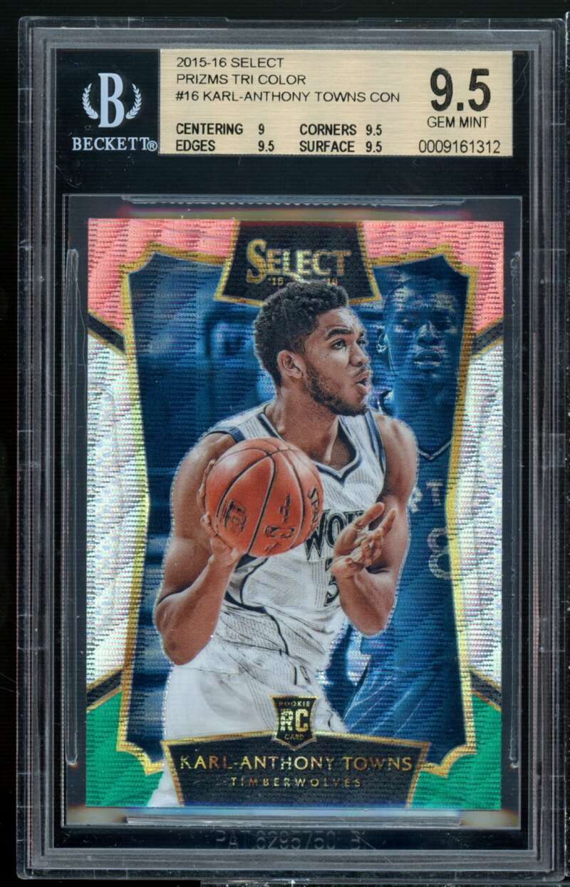 Karl-Anthony Towns Rookie Card 2015-16 Select Prizms Tri Color #16 BGS 9.5 Image 1