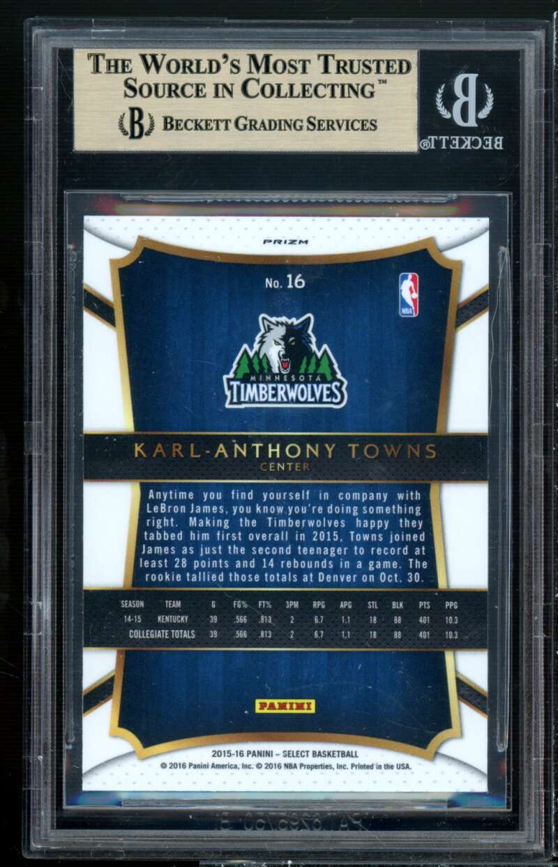 Karl-Anthony Towns Rookie Card 2015-16 Select Prizms Tri Color #16 BGS 9.5 Image 2