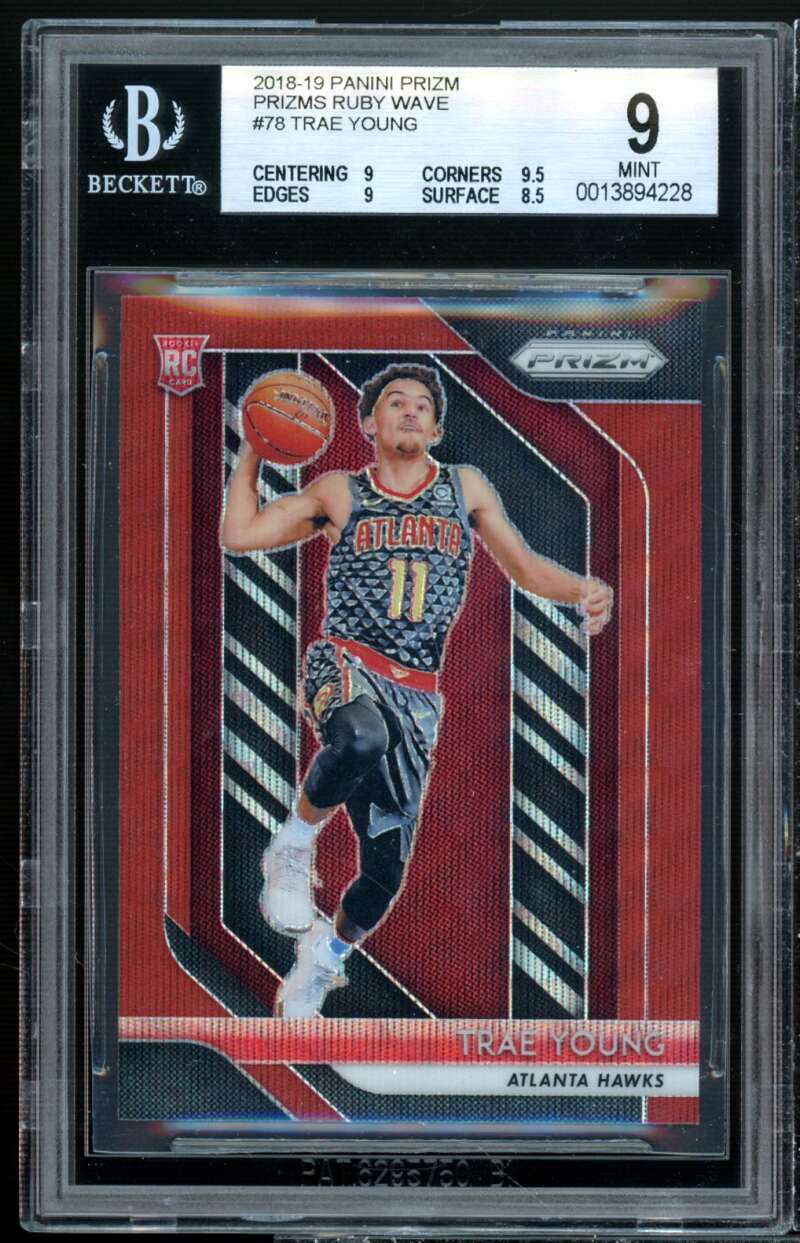 Trae Young Rookie Card 2018-19 Panini Prizm Prizms Ruby Wave #78 BGS 9 (9 9 9 9) Image 1