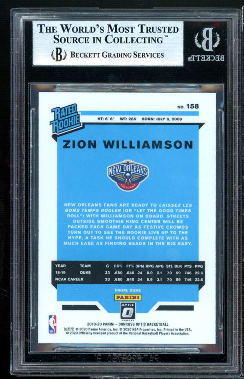 Zion Williamson Rookie Card 2019-20 Donruss Optic #158 BGS 9 Image 2