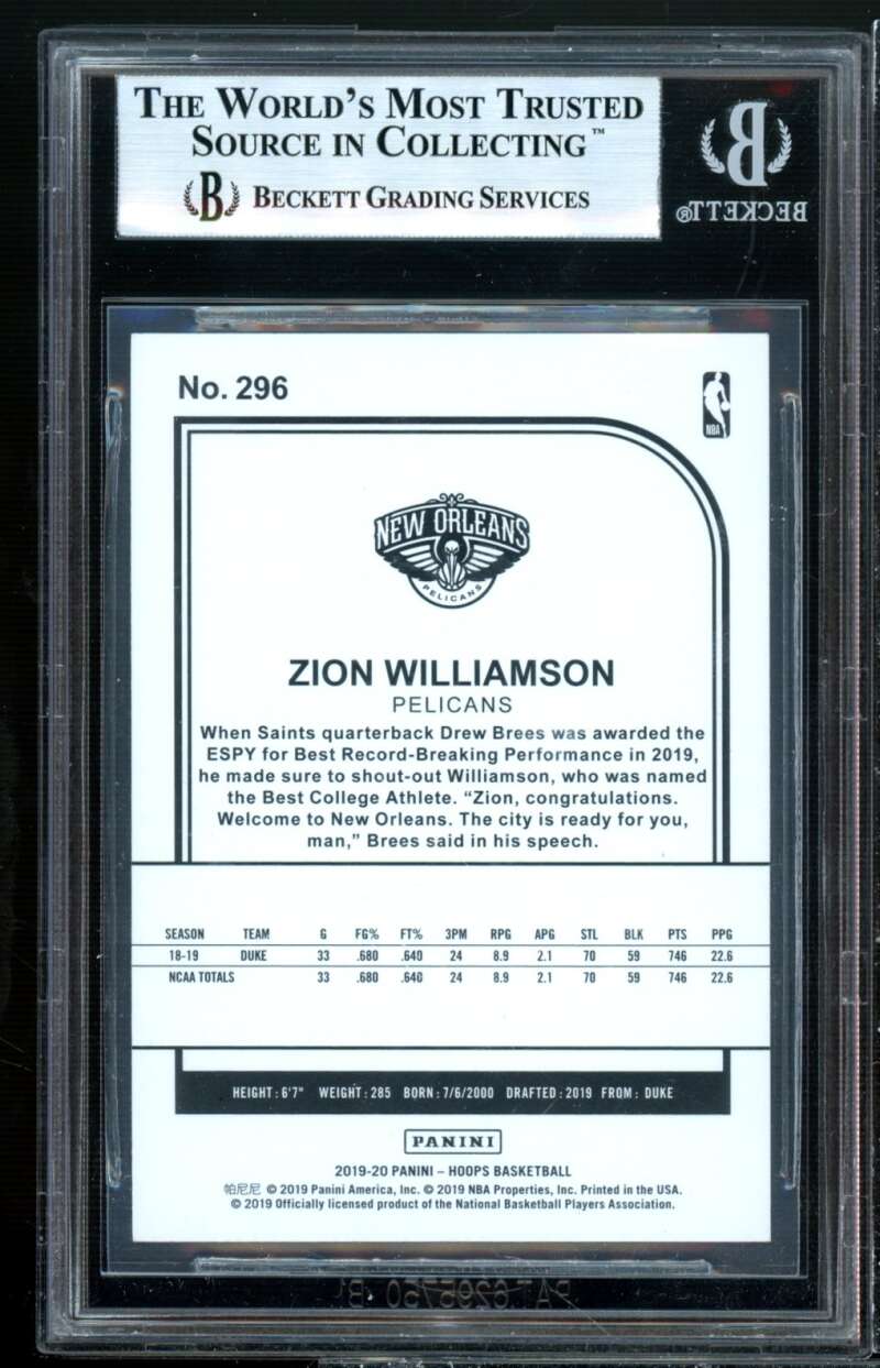 Zion Williamson Rookie Card 2019-20 Hoops #296 BGS 9 Image 2