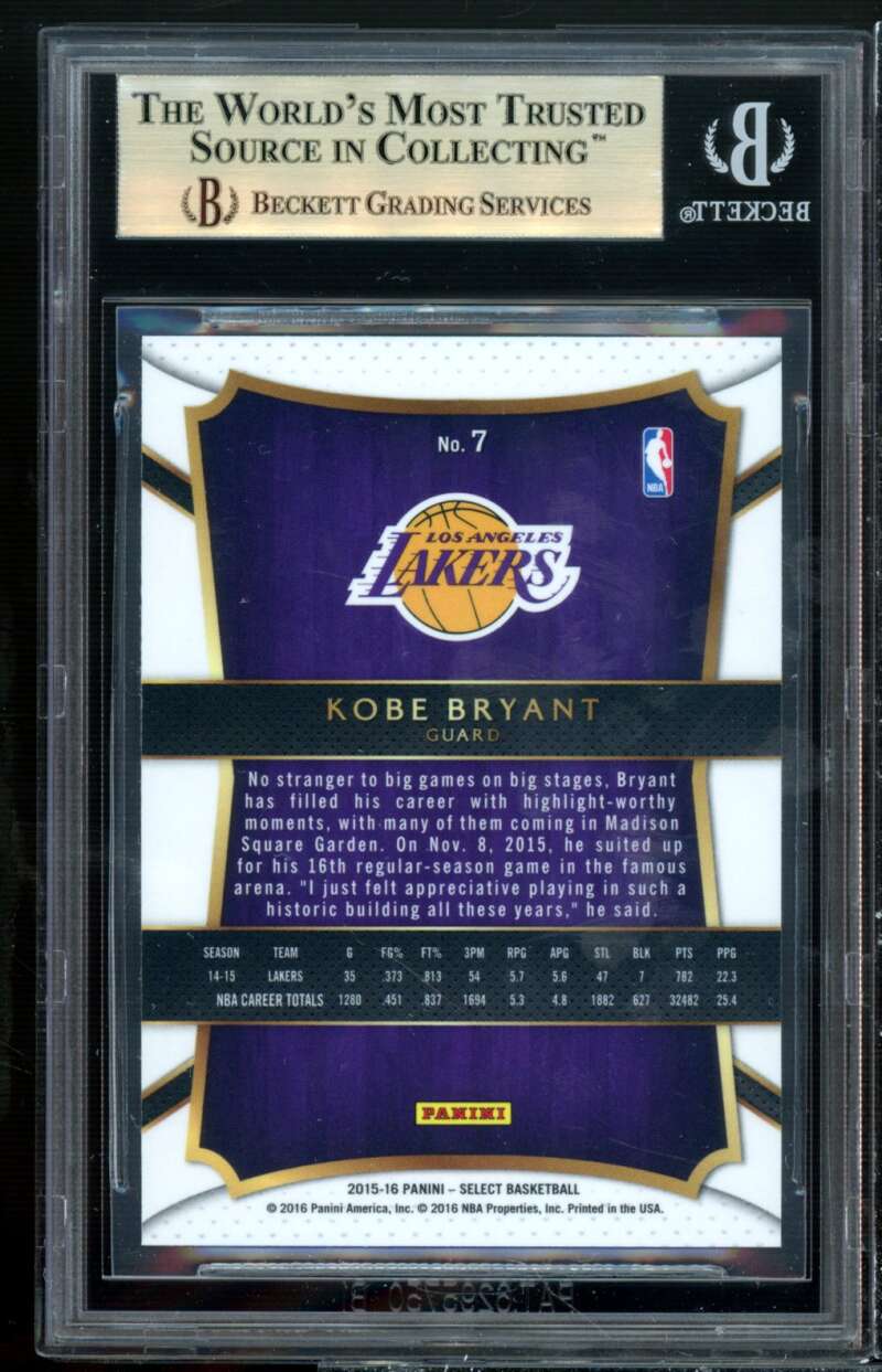 Kobe Bryant Card 2015-16 Select #7 BGS 9.5 (9.5 9.5 9.5 9.5) Image 2