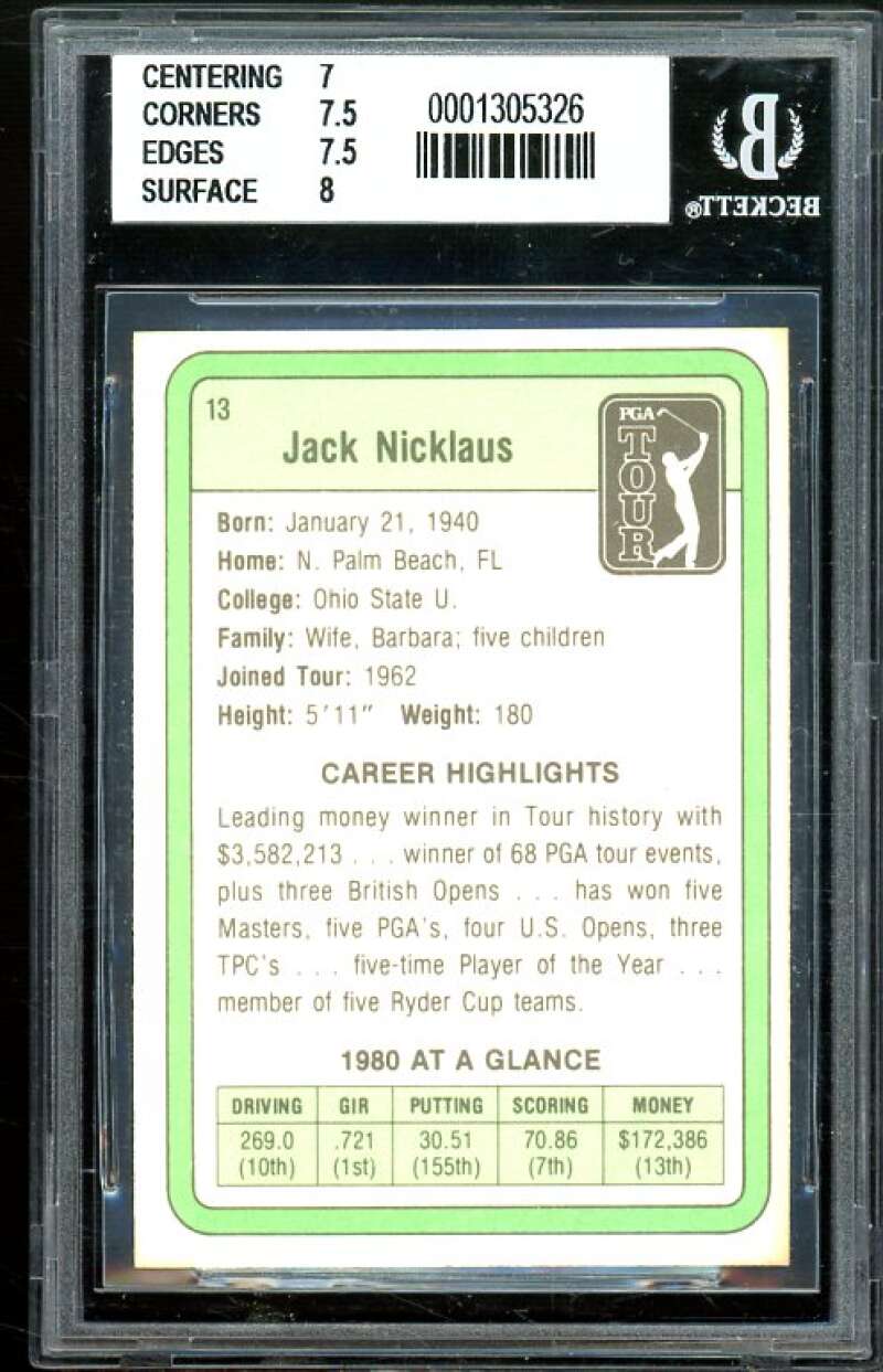 Jack Nicklaus Golf Rookie Card 1981 Donruss #13 BGS 7.5 (7 7.5 7.5 8) Image 2