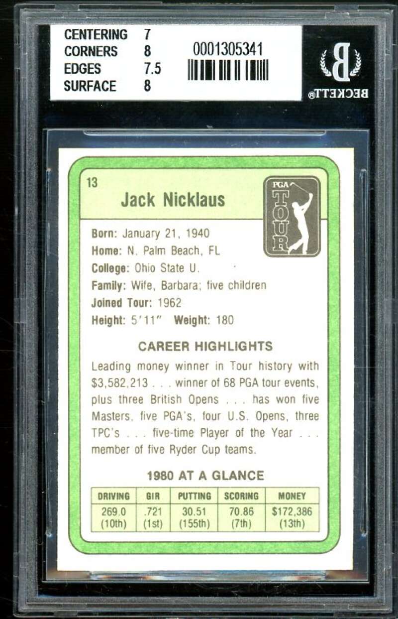 Jack Nicklaus Golf Rookie Card 1981 Donruss #13 BGS 7.5 (7 8 7.5 8) Image 2