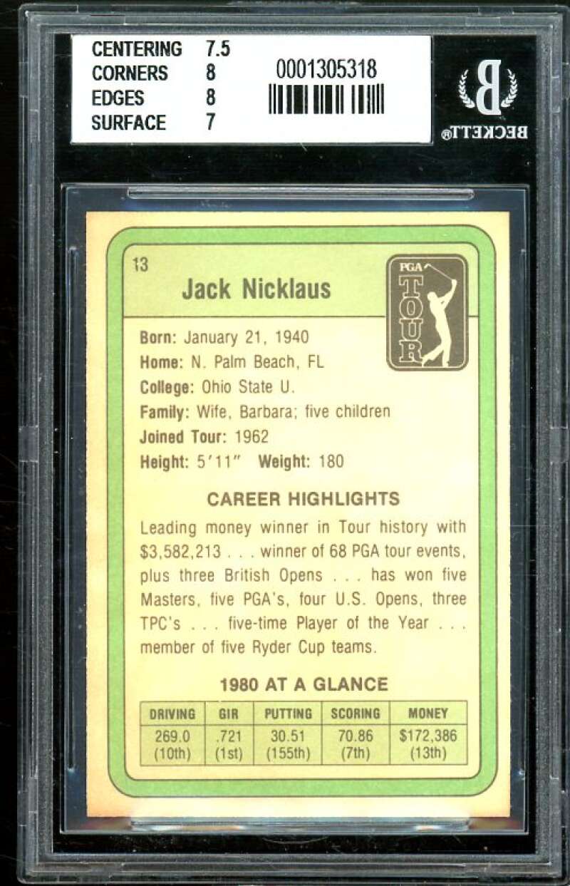 Jack Nicklaus Golf Rookie Card 1981 Donruss #13 BGS 7.5 (7.5 8 8 7) Image 2