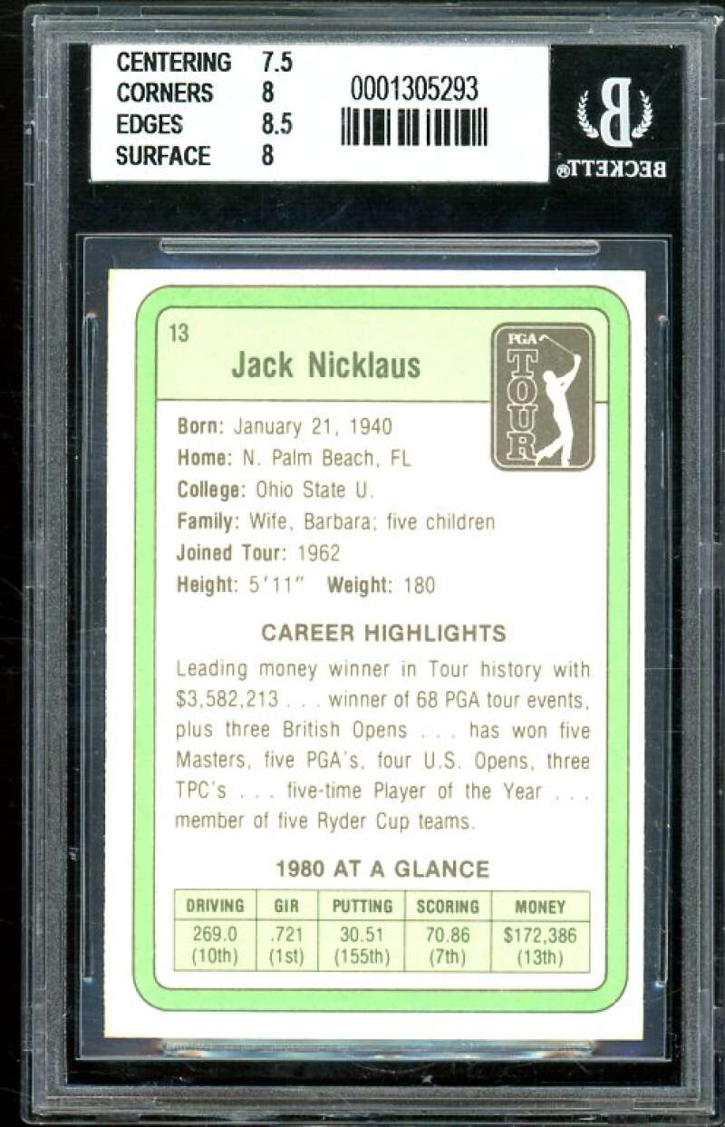 Jack Nicklaus Golf Rookie Card 1981 Donruss #13 BGS 8 (7.5 8.5 8.5 8) Image 2