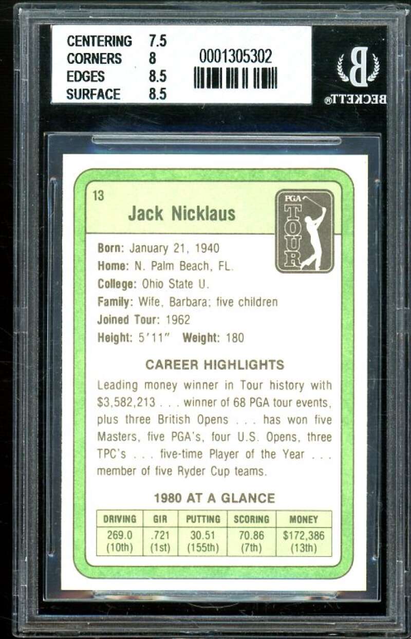 Jack Nicklaus Golf Rookie Card 1981 Donruss #13 BGS 8 (7.5 8 8.5 8.5) Image 2