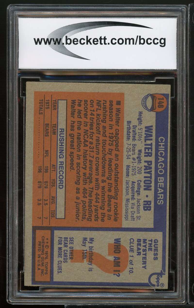 1976 Topps #148 Walter Payton Rookie Card BGS BCCG 9 Near Mint+ Image 2