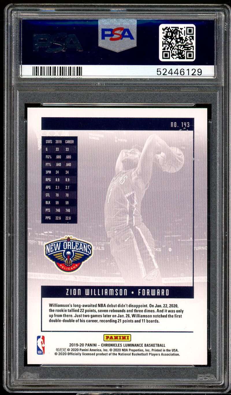 Zion Williamson Rookie Card 2019-20 Panini Chronicles #143 PSA 9 Image 2