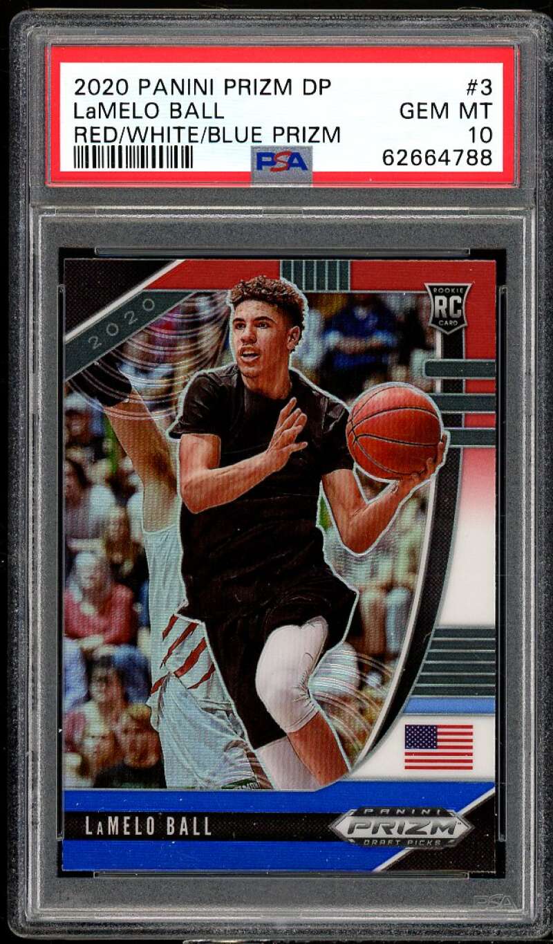 LaMelo Ball Rookie Card 2020-21 Panini Prizm DP Red White Blue Prizm #3 PSA 10 Image 1