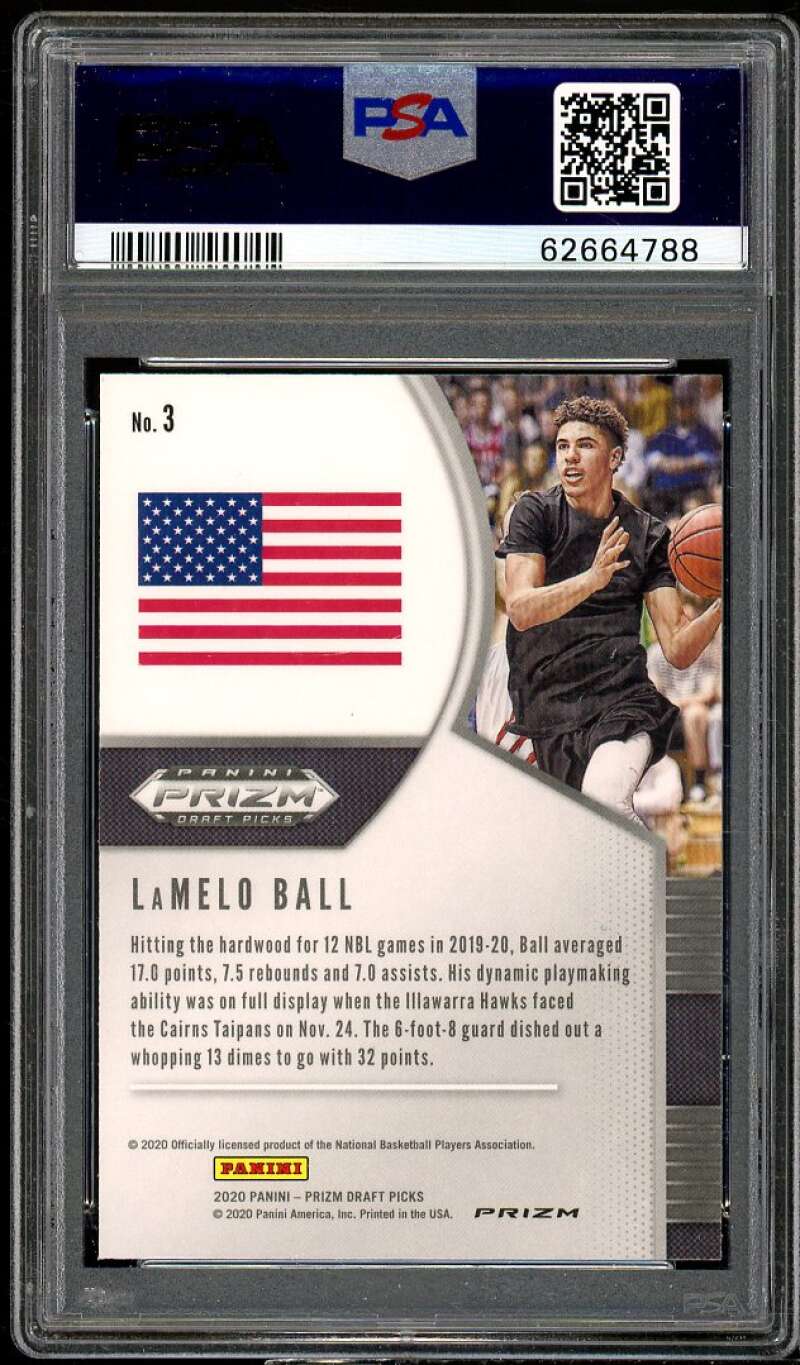 LaMelo Ball Rookie Card 2020-21 Panini Prizm DP Red White Blue Prizm #3 PSA 10 Image 2