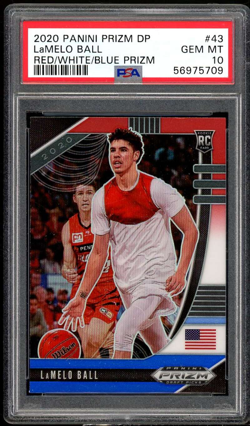 LaMelo Ball Rookie Card 2020-21 Panini Prizm DP Red White Blue Prizm #43 PSA 10 Image 1