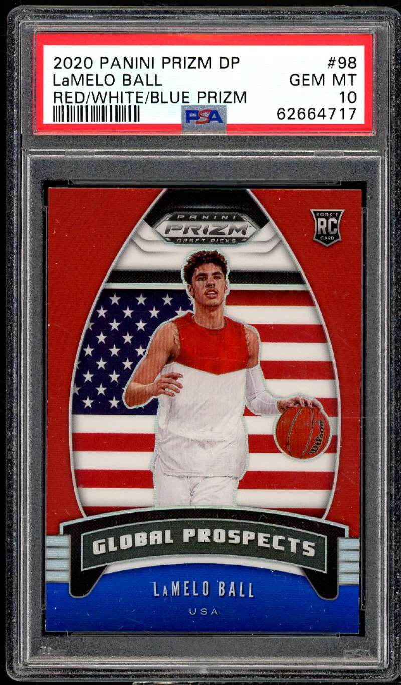 LaMelo Ball Rookie Card 2020-21 Panini Prizm DP Red White Blue Prizm #98 PSA 10 Image 1