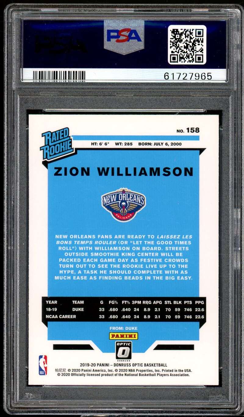 Zion Williamson Rookie Card 2019-20 Panini Donruss Optic #158 PSA 10 Image 2