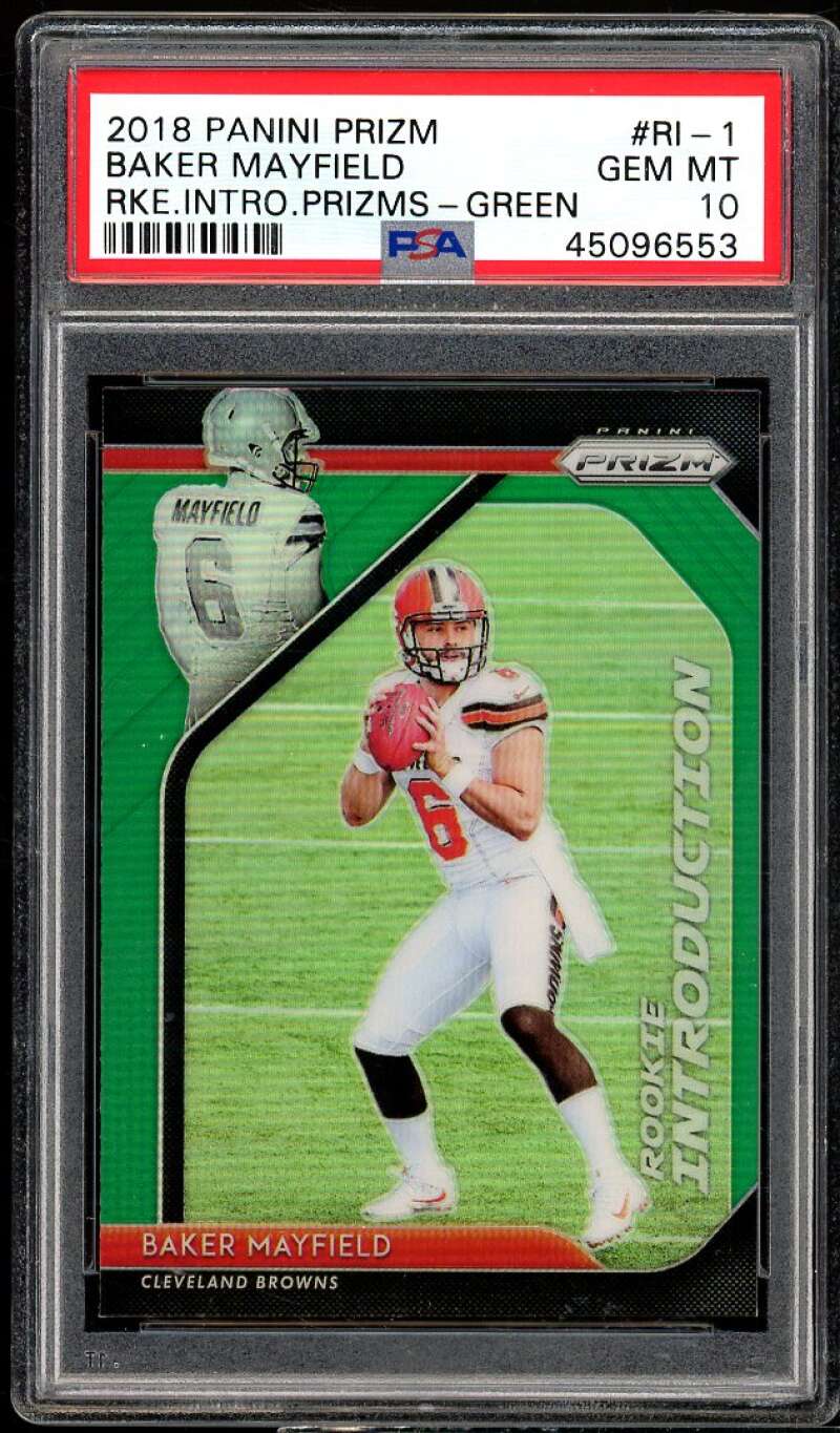 Baker Mayfield Rookie 2018 Panini Prizm Rk Introduction Green Prizm #RI-1 PSA 10 Image 1