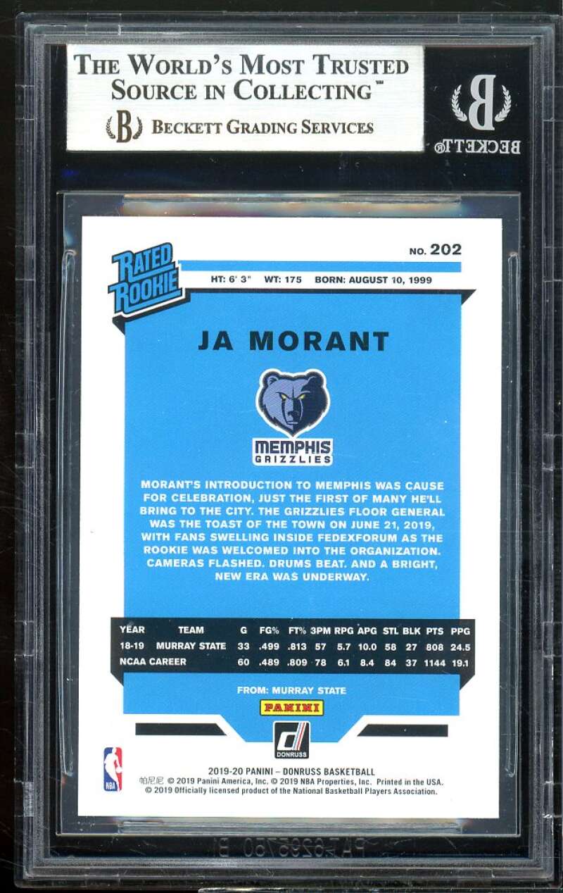 Ja Morant Rookie Card 2019-20 Donruss #202 BGS 9 Image 2