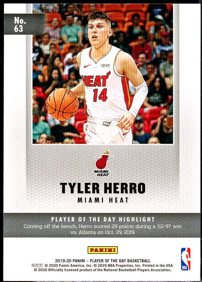 Tyler Herro Rookie Card 2019-20 Panini Player of the Day #63 Image 2