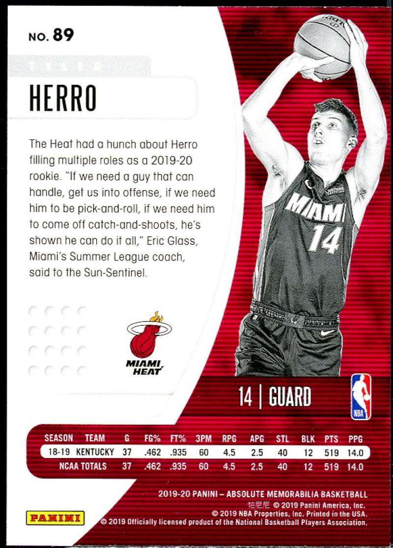 Tyler Herro Rookie Card 2019-20 Panini Absolute Memorabilia #89 Image 2