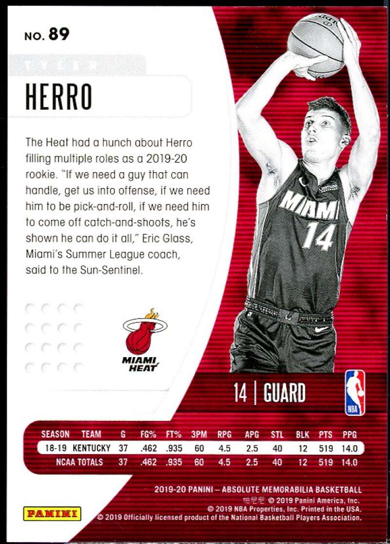 Tyler Herro Rookie Card 2019-20 Panini Absolute Memorabilia Red #89 Image 2