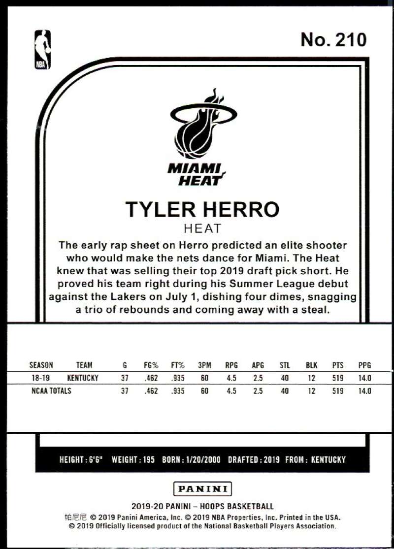 Tyler Herro Rookie Card 2019-20 Hoops #210 Image 2