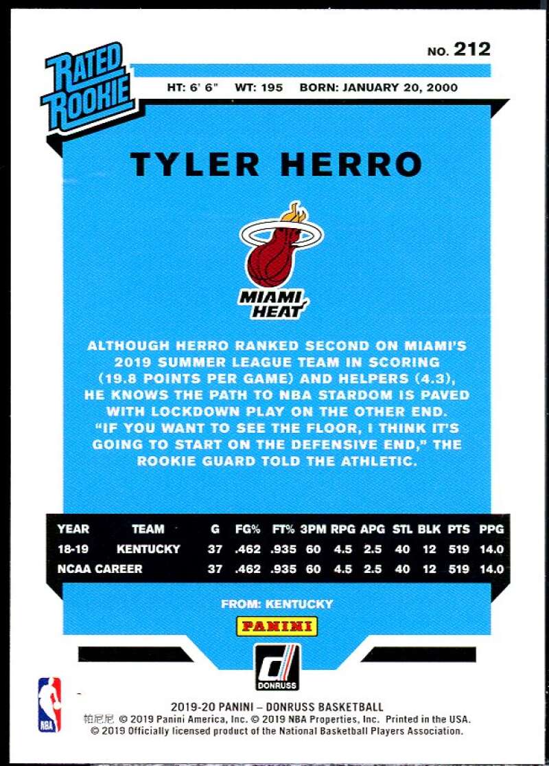 Tyler Herro Rookie Card 2019-20 Donruss #212 Image 2