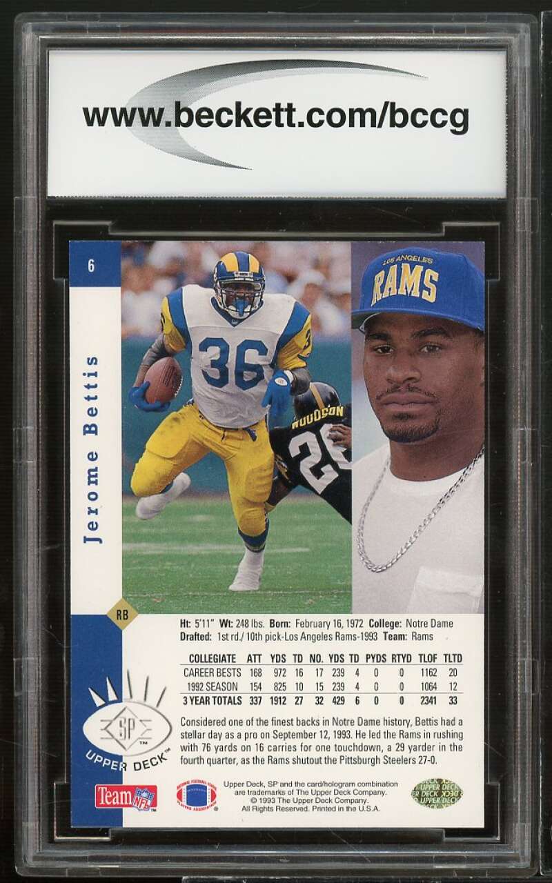 1993 SP #6 Jerome Bettis Rookie Card BGS BCCG 10 Mint+ Image 2