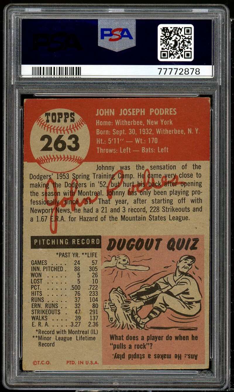 Johnny Podres Rookie Card 1953 Topps #263 PSA 2 Image 2